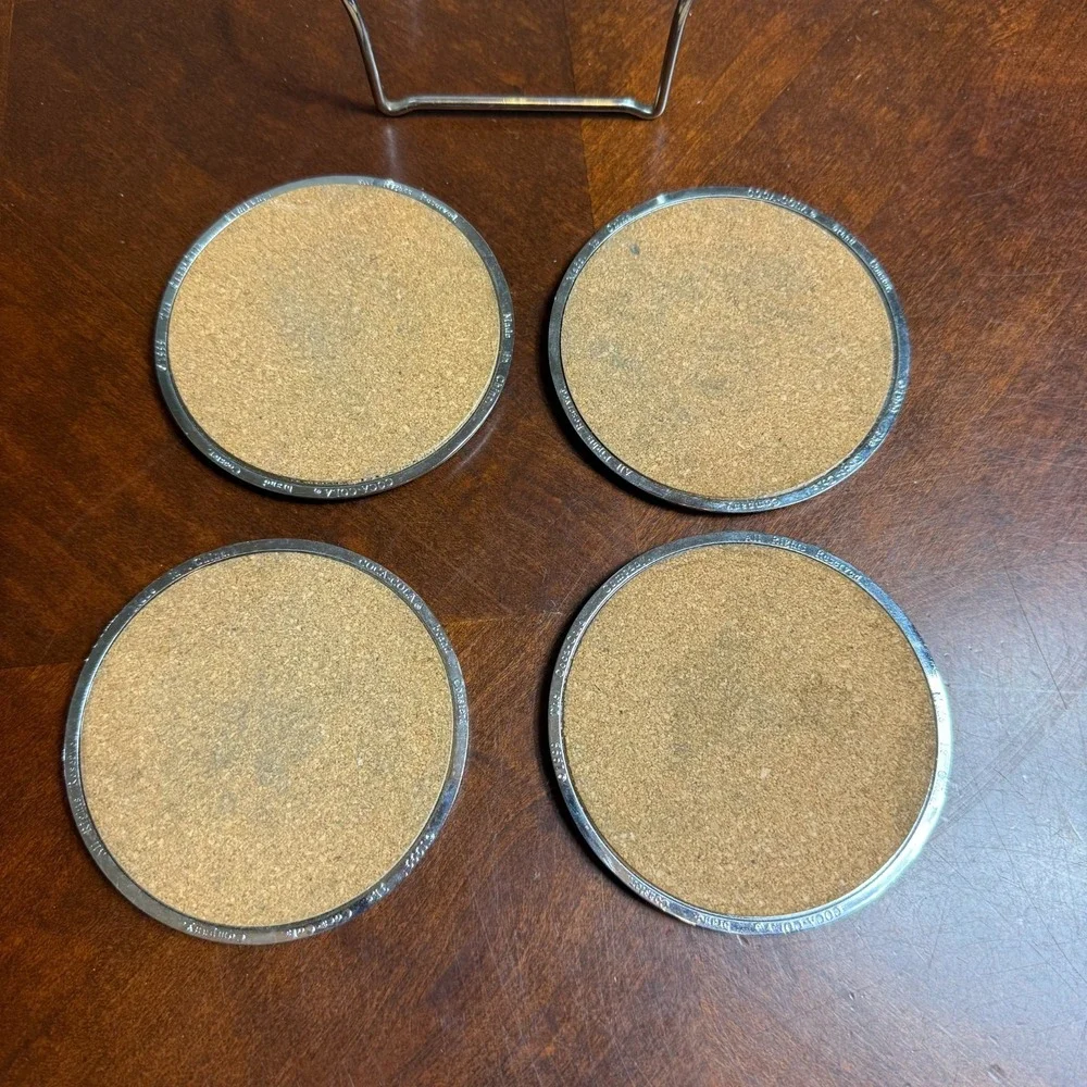 Vintage 90s Coca Cola‎ Coaster Set 4 w Metal Holder Cork Back Drink Coke